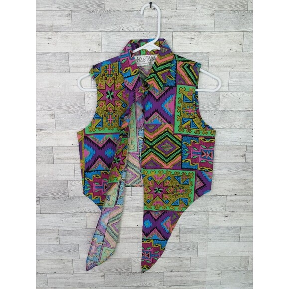 Vintage 80s 90s Miss Kitty Southwestern Aztec Print Tie Up Vest Top Western Sz M - Picture 3 of 10
